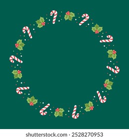 Round Christmas Frame Border, Winter Holiday Graphics. Cute Mistletoe and Candy Cane pattern, card and social media post template vector illustration.