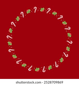 Round Christmas Frame Border, Winter Holiday Graphics. Cute Mistletoe and Candy Cane pattern, card and social media post template vector illustration.