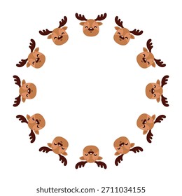 Marco redondo de la Navidad con un ciervo lindo. Fondo aislado. Simple Ilustración vectorial plana.