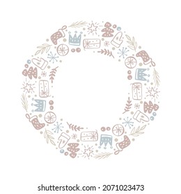 Redondear marco de Navidad con elementos de doodle y lugar para el texto. Vector de la frontera de vacaciones tarjeta de saludo para las vacaciones de invierno Feliz Navidad y Feliz Año Nuevo.