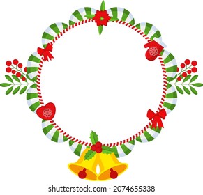 Round Christmas frame. Garland with red bow and strip ribbon. Decor for greeting cards for Christmas and New Year. Congratulation, celebration invitation, card.