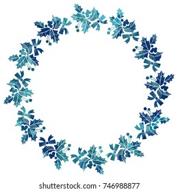 Round Christmas frame with holly berries silhouettes. Copy space. Christmas design decor element. Vector clip art.