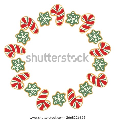 Round Christmas frame made of gingerbread cookies shaped as candy canes and snowflakes, festive holiday border design. Perfect for Christmas  for postcards, posters, banners. 