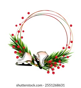 Round Christmas frame in naive style on a white square background. Skates, spruce branches, red viburnum berries. Premium template for covers, invitations, greetings, promotions, discounts, etc.  