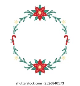 Round Christmas Frame with Poinsettia. Winter frame with empty space for text. Christmas and New Year. Isolated vector illustration.