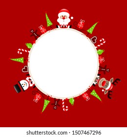 Round Christmas Frame Santa Reindeer And Snowman Icons Red