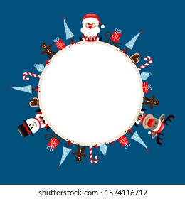 Round Christmas Frame Santa Reindeer And Snowman Icons Dark Blue