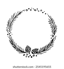 Round Christmas frame, wreath. Winter plants, pine branches, cones, snow. Festive New Year's decor. Simple vector illustration, hand drawn with black outline. Ink sketch.