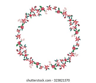 Round Christmas garland with euphorbia pulcherrima isolated on white. For Christmas design, announcements, postcards, posters.