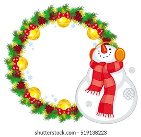 Round Christmas garland with happy snowman in  scarf. Christmas design element. Vector clip art.