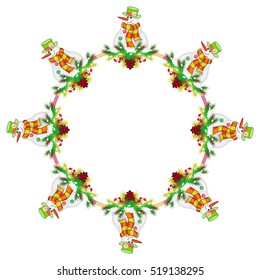 Round Christmas garland with happy snowman in funny hat and scarf. Christmas design element. Vector clip art.