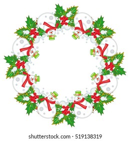 Round Christmas garland with happy snowman in funny hat and scarf. Christmas design element. Vector clip art.