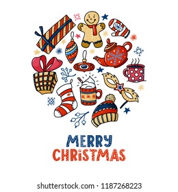 Round Christmas greeting card design with text and doodles - gingerman, teapot, cups, presents, vector illustration isolated on white background. Doodle style Merry Chrismas greeting card design