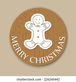 Round Christmas Greeting Card with Gingerbread on Wood Background. Vector illustration