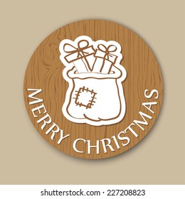 Round Christmas Greeting Card with Santa Bag on Wood Background. Vector illustration