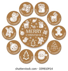 Round Christmas Greeting Cards on Wood Background. Vector illustration