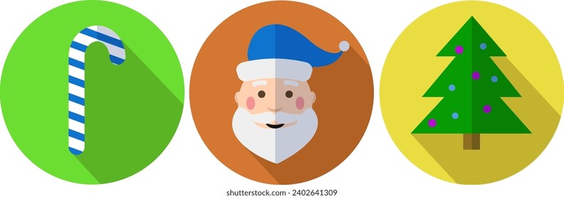 Round Christmas icons with Santa Claus on a white background. Santa Claus, striped reed and Christmas tree in round icons of green and orange and yellow on a white background. Vector Illustration.