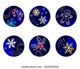 Round Christmas icons for social media stories. Set of round covers with snowflakes, holly berries, gingerbread man, candy cane. Winter modern designs in blue and gold colors. Vector.