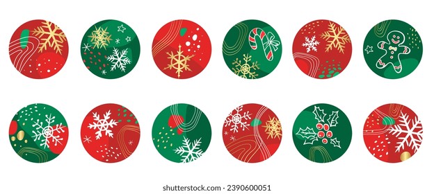 Round Christmas icons for social media stories. Set of round covers with snowflakes, holly berries, gingerbread man, candy cane, abstract elements. Winter modern design in green and red colors. Vector