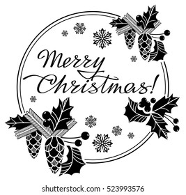 Round Christmas label with holiday decorations and written greeting "Merry Christmas!".  Vector clip art.