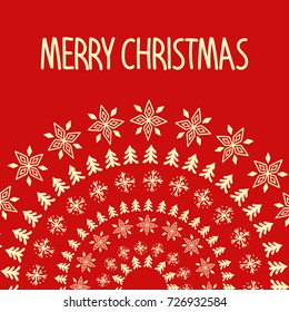 Round Christmas and New Year decoration element with fir tree and snowflakes. Scandinavian motifs. Merry Christmas card template