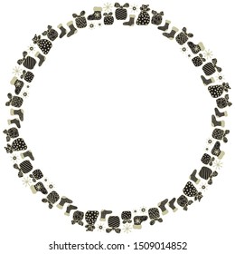 Round Christmas and New Year frame drawn by hand in black and gold colors on a white background. Template for text from bags with gifts, snowflakes, gifts and socks. Scandinavian style. Vector.