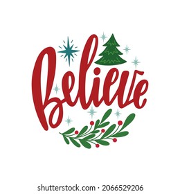 Round Christmas Ornament with hand drawn lettering text. Holiday decoration. Vector illustration isolated.