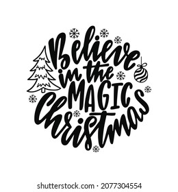 Round Christmas Ornament with hand drawn lettering text. Holiday decoration.