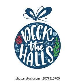Round Christmas Ornament with hand drawn lettering text. Holiday decoration. Vector illustration isolated.
