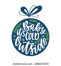 Round Christmas Ornament with hand drawn lettering text. Holiday decoration. Vector illustration isolated.