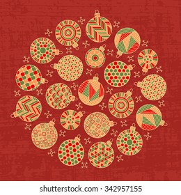 Round Christmas pattern. Circular texture with Christmas balls. Can be used for web page background, wallpaper, card, postcard, poster, textile design, fabric design, cover, banner, sticker.