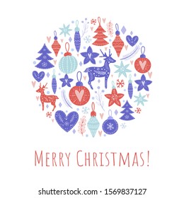 Round Christmas print with a Christmas toy on a white background. Simple doodle illustration.