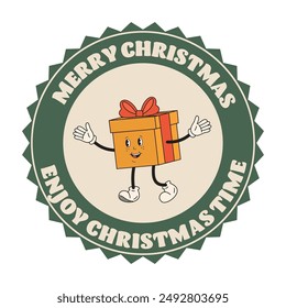 Round Christmas retro, groovy sticker, badge, label with Merry Christmas typography and Christmas funny gift. Cute Christmas and New Year round gift tags for gifts package, invitation, print, card.