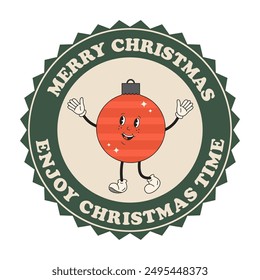 Round Christmas retro, groovy sticker, badge, label with Merry Christmas typography and Christmas tree toy. Cute Christmas and New Year round gift tags for gifts package, invitation, print, card.