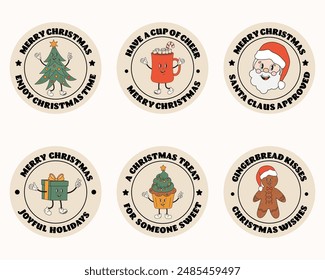 Round Christmas retro, groovy stickers, badges, labels, round gift tags for gifts package. Merry Christmas and winter holiday greeting typography messages with hippie Christmas tree, Santa, cocoa mug.