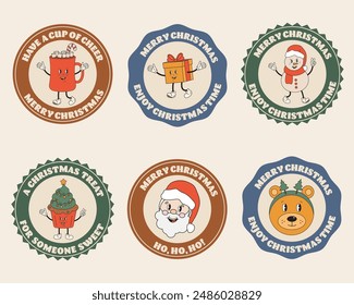 Round Christmas retro, groovy stickers, badges, labels, round gift tags for gifts package. Stickers collection with Christmas tree, Santa, Gingerbread, snowman. Merry Christmas greeting typography.