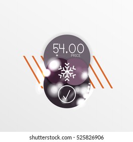 Round Christmas sale stickers with winter holiday elements and light effects. Vector geometric price promo labels