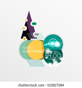 Round Christmas sale stickers with winter holiday elements and light effects. Vector geometric price promo labels