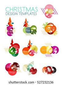 Round Christmas sale stickers with winter holiday elements and light effects. Vector geometric price promo labels