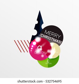 Round Christmas sale stickers with winter holiday elements and light effects. Vector geometric price promo labels