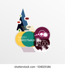 Round Christmas sale stickers with winter holiday elements and light effects. Vector geometric price promo labels