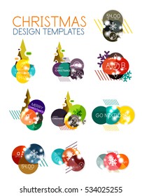 Round Christmas sale stickers with winter holiday elements and light effects. Vector geometric price promo labels
