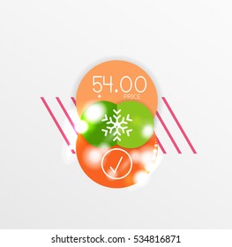 Round Christmas sale stickers with winter holiday elements and light effects. Vector geometric price promo labels
