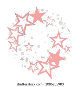 Round Christmas silver and pink stars confetti falling, isolated on white. Magic shining flying stars and glitter dots sparkle cosmic backdrop