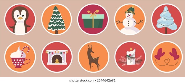 Etiquetas adesivas redondas de Natal com Santa, boneco de neve e pinguim. Arte vetorial festiva para saudações de feriado.