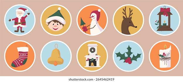 Round Christmas sticker labels featuring Santa, snowman, and deer. Festive vector art for holiday greetings.