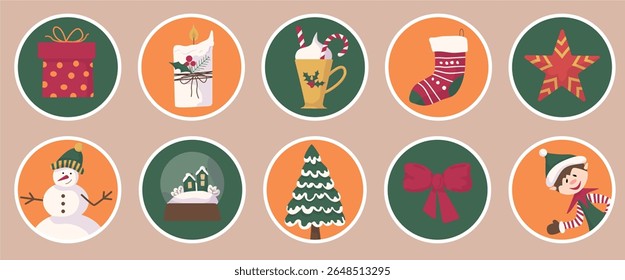 Round Christmas sticker labels featuring Santa, snowman, and elf. Festive vector art for holiday greetings.