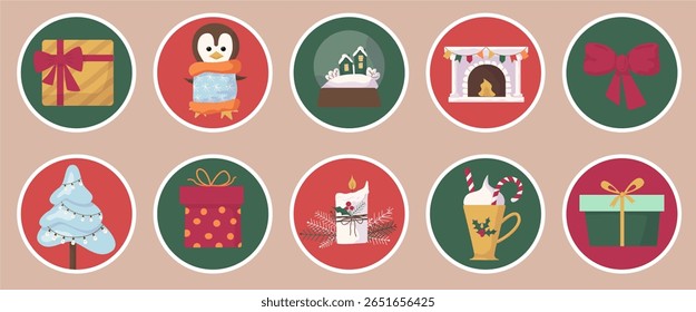 Etiquetas adesivas redondas de Natal com lareira, boneco de neve e pinguim. Arte vetorial festiva para saudações de feriado.