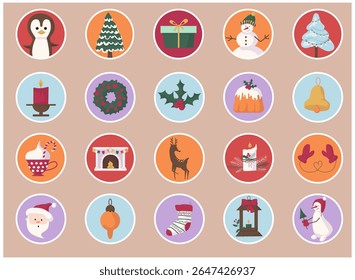 O adesivo redondo de Natal rotula o Papai Noel, um boneco de neve e um pinguim. Arte vetorial festiva com saudações de feriado.