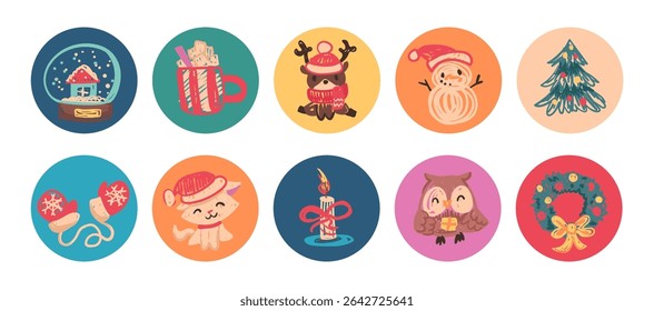 Round Christmas stickers in crayon kids style. Merry Christmas and Happy New Year. Vector illustration, childlike labels with cute characters and elements